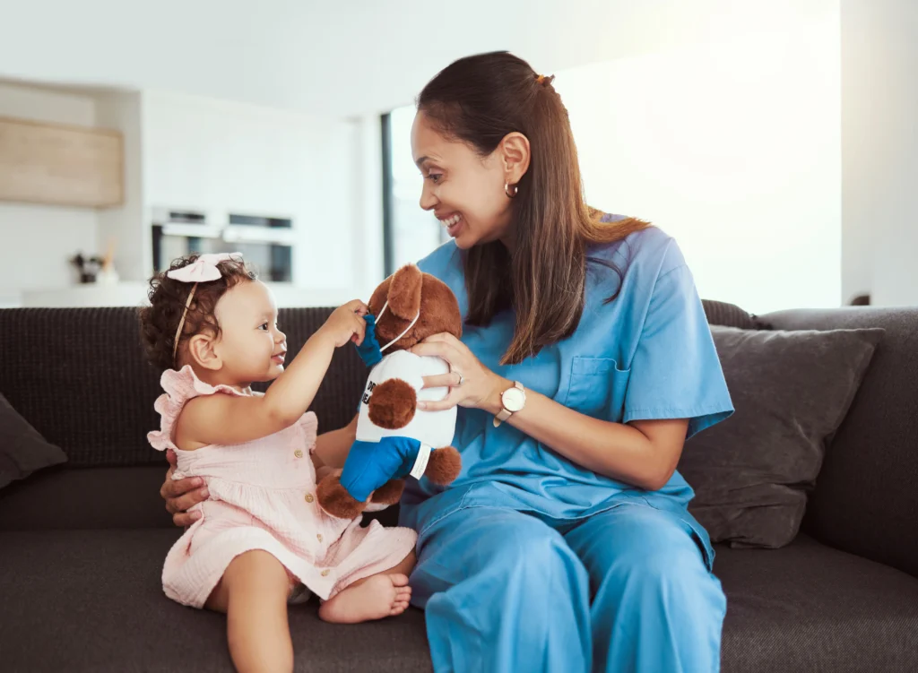 Pediatrician doctor consulting kid, teddy bear and happy healthcare checkup at home visit.
