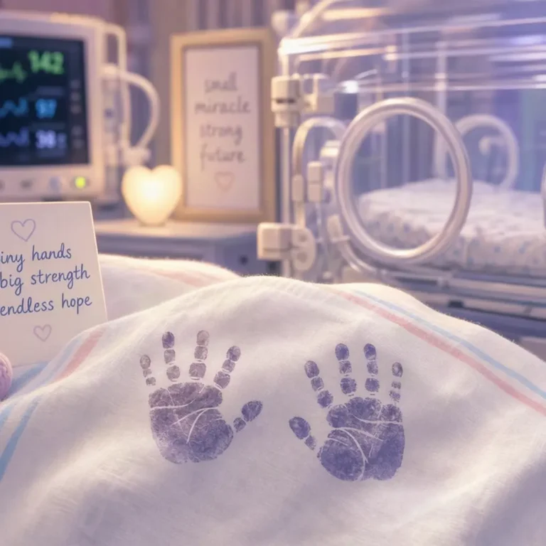 Tiny newborn handprints on a hospital blanket with a NICU incubator in the background.