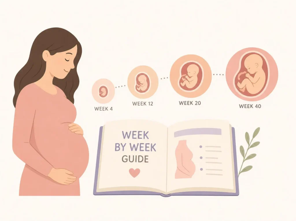 Illustration showing pregnancy week-by-week fetal development from week 4 to week 40 alongside an expectant mother.